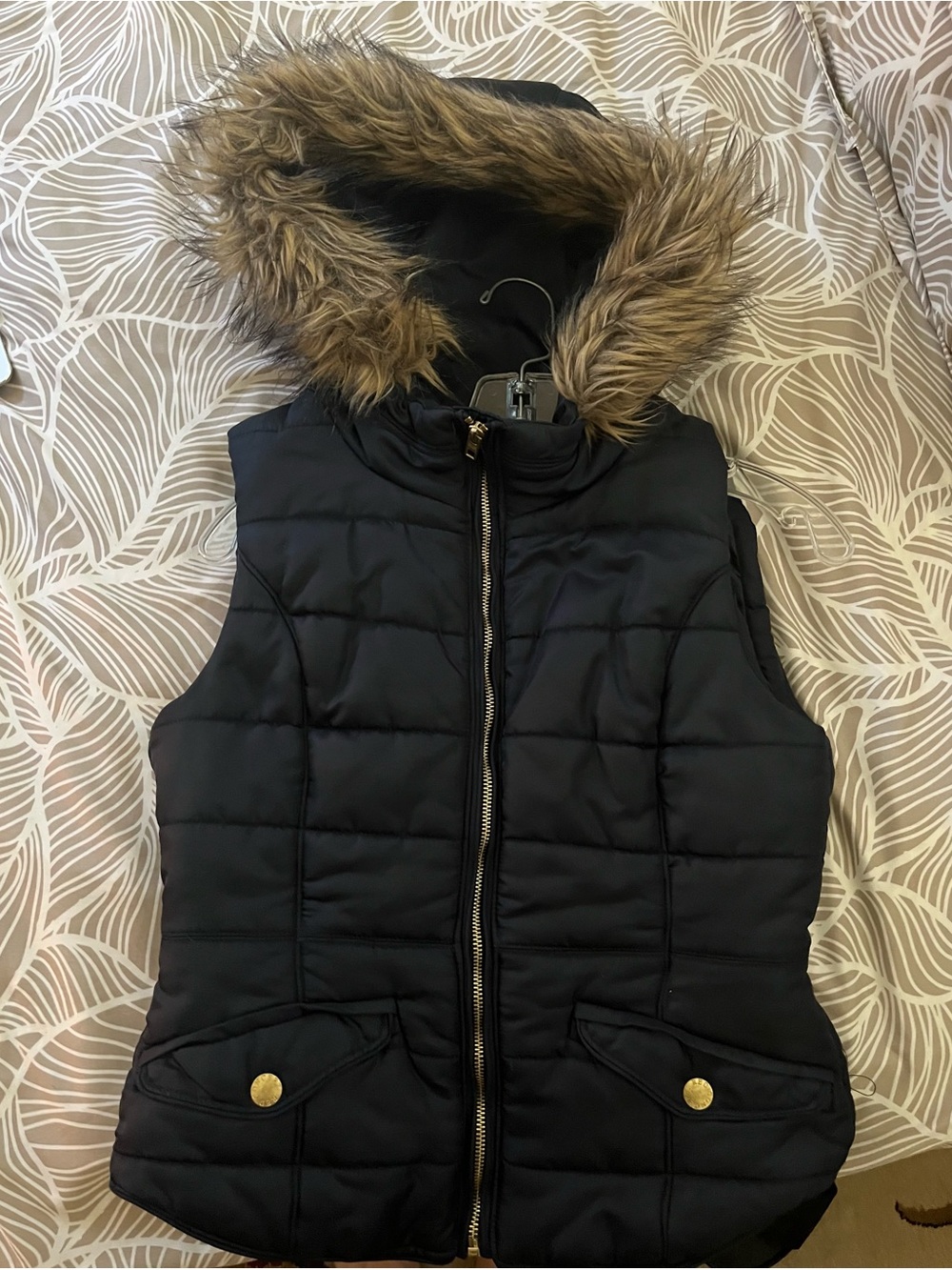 Divided Black Quilted Puffer Vest with Faux Fur Hood